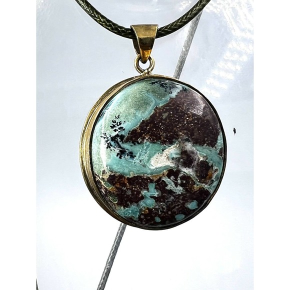 Natural Persian Turquoise Pendant Metal Brass Handmade With Rope - Picture 3 of 12